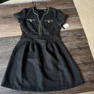 Tahari ASL Black Tweed Fit & Flare Dress Size 8 Gold Trim NWT Creer/Timeless
